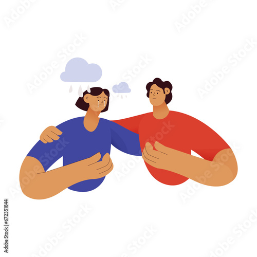 Empathy and friendship concept. Male comforting his female sad friend. Raining clouds. Man supports female with psychological problems. Modern vector flat illustration