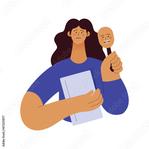 Dissociative identity disorder. Woman feels like a pretender, deceiver hides her face under a mask. Modern flat vector illustration