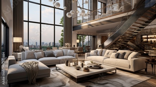 Stylish living room with big sofa, many windows and stairs in amazing two-story apartment 8k, © Creative artist1