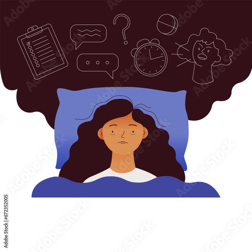 Young woman suffers from insomnia. Mental problems. Girl lying in bed, thinking about deadlines, work duties, upset day, can not relax. Modern vector illustration isolated on white background