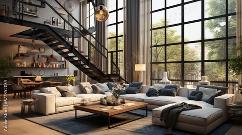 Stylish living room with big sofa, many windows and stairs in amazing two-story apartment 8k,