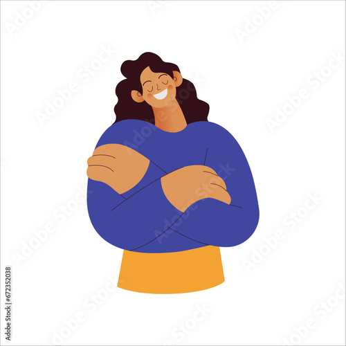 Love yourself. Love your body concept. Take time for your self. Woman hugging herself isolated on white background. Modern flat vector illustration.