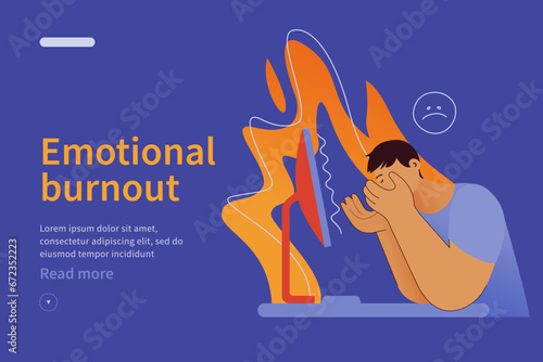 Emotional burnout syndrome website concept. Man in stress under pressure, unhappy emoji, office desk, fire on the background. Frustrated worker, mental disorder. Modern vector flat illustration