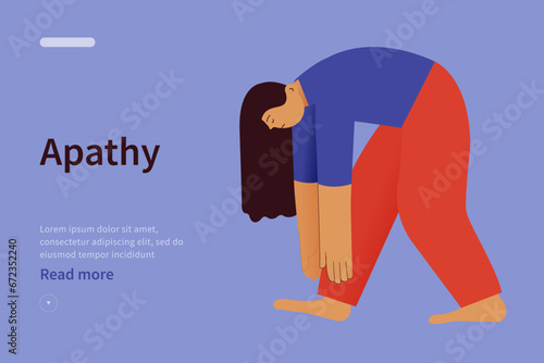 Laziness, Fatigue, Apathy, Depression website Concept. Tired female suffering under the weight of problems and obligations. Modern flat vector illustration