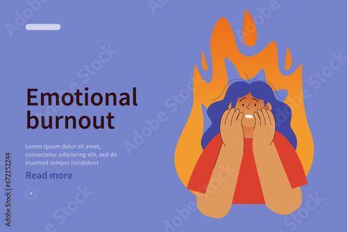 Emotional burnout syndrome website concept. Woman in stress under pressure, fire on the background. Mental disorder problems. Modern vector flat illustration