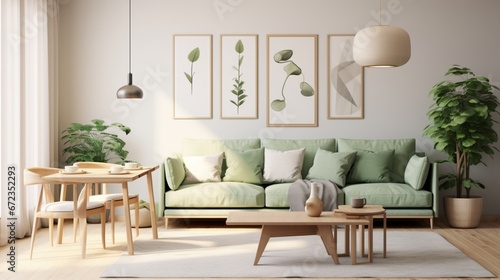 Stylish scandinavian living room with design mint sofa, furnitures, mock up poster map, plants and elegant personal accessories. Modern home decor.  © Creative artist1