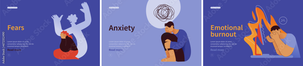 Fototapeta premium Collection of banners. Fears, Anxiety,Emotional burnout. Mental disorders. Modern flat vector illustrations