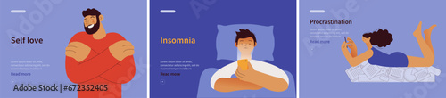 Collection of banners. Self love, Insomnia, Procrastination. Mental disorders. Modern flat vector illustrations 