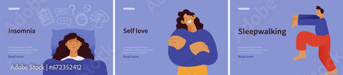 Collection of banners. Insomnia, Self love, Sleepwalking. Mental disorders. Modern flat vector illustrations 