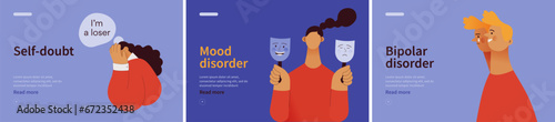 Collection of banners. Self doubt, Mood disorder, Bipolar disorder. Mental disorders. Modern flat vector illustrations 
