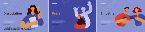 Collection of banners. Dissociation, Fears, Empathy. Mental disorders. Modern flat vector illustrations 