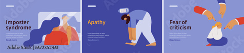 Collection of banners. Imposter syndrome, Apathy, Fear of criticism. Mental disorders. Modern flat vector illustrations 