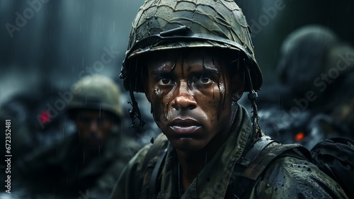 Portrait of a soldier in a war zone