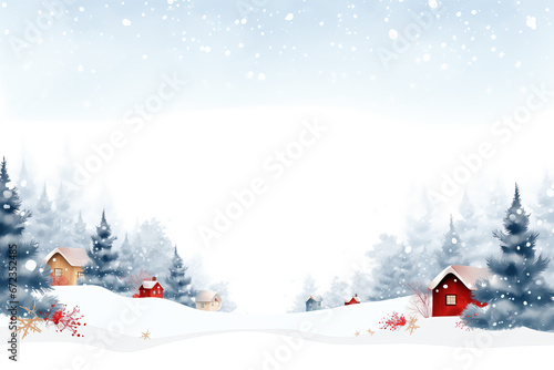 IA illustration minimaliste de noël avec chalets, sapins et neige et espace vide