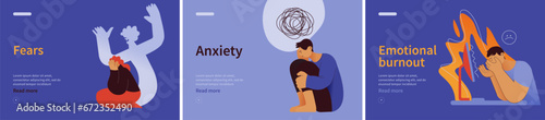 Collection of banners. Fears, Anxiety,Emotional burnout. Mental disorders. Modern flat vector illustrations 