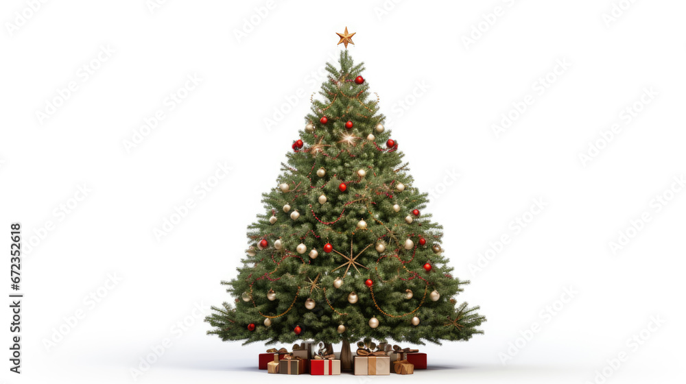 Beautifully decorated Christmas tree adorned with red and gold ornaments, surrounded by wrapped gifts at its base.