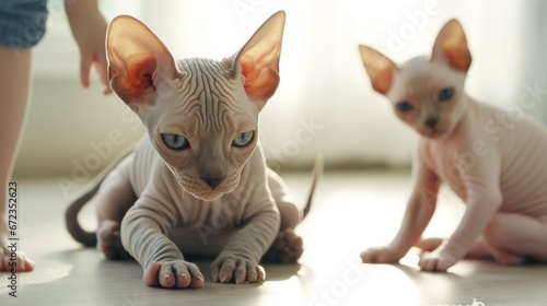 Sphynx cat and her kittens explore the inside of the house together