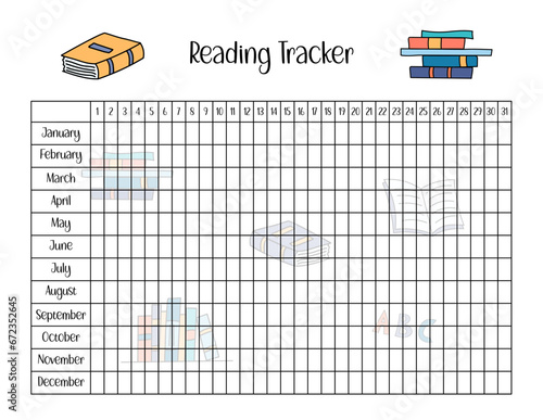 Reading Tracker template for kids. Books reading by day and month worksheet. Vector blank page with cute doodle design