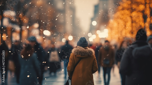 IA, ambiance de fête de noël avec des gens qui marchent dans la rue, neige et lumières floues