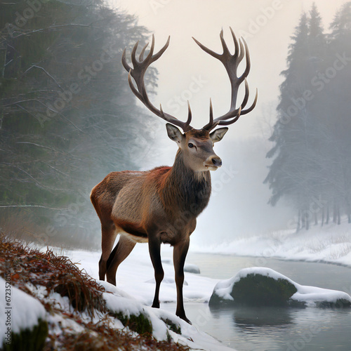 A beautiful red deer with big antlers in winter in the forest near the river on a foggy morning