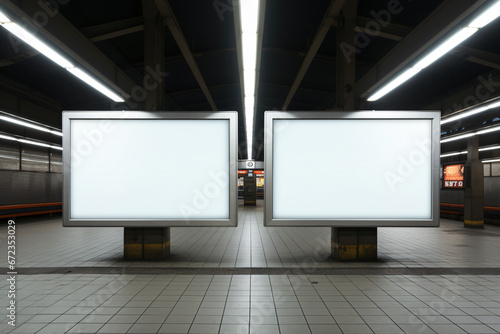Twin advertisement displays in an empty metro station