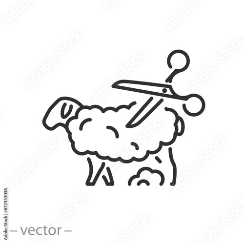 shearing animal, wool trimming from a sheep, shear worker, thin line symbol - editable stroke vector illustration