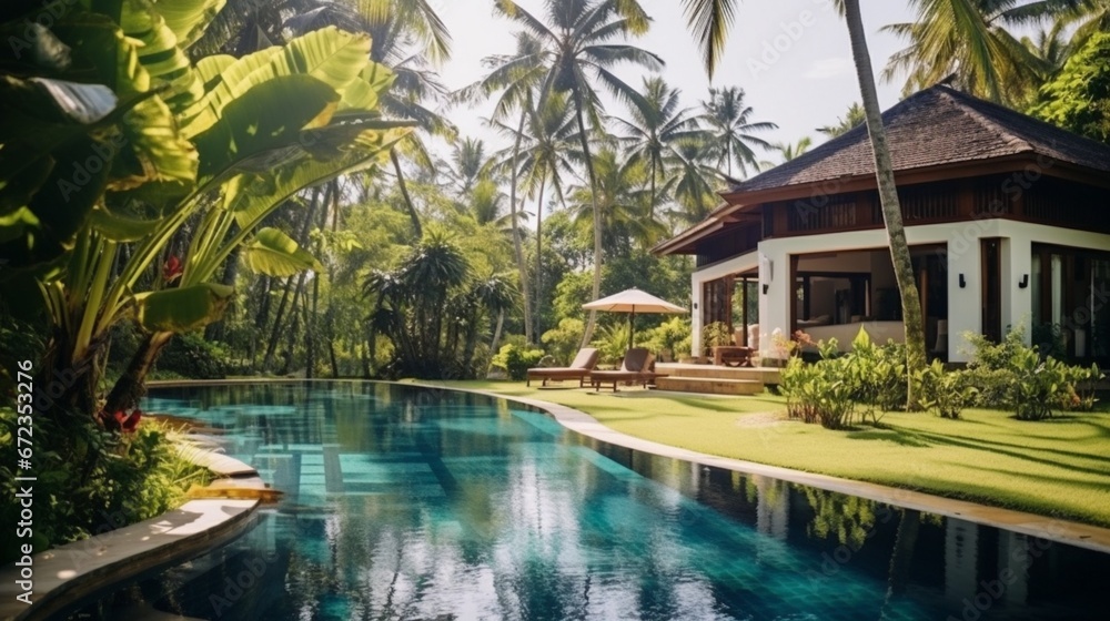 Swimming pool in tropical hotel or house back yard. Panoramic view of nice courtyard, home backyard garden. Scenery of luxury villa among palm trees in resort. 