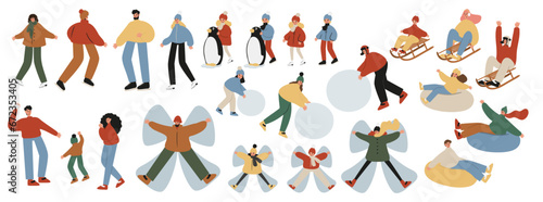 Set of winter season activities illustrations  people skiing  snowboarding  ice skating  sledding  tubing  playing snowballs  building snowman  making snow angel vector clipart  flat style images.