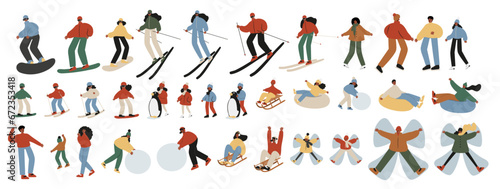 Set of winter season activities illustrations  people skiing  snowboarding  ice skating  sledding  tubing  playing snowballs  building snowman  making snow angel vector clipart  flat style images.