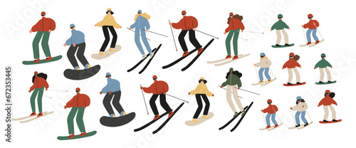 Set of winter season activities illustrations, people skiing, snowboarding, ice skating, sledding, tubing, playing snowballs, building snowman, making snow angel vector clipart, flat style images.