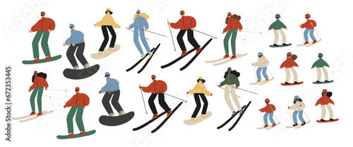 Set of winter season activities illustrations  people skiing  snowboarding  ice skating  sledding  tubing  playing snowballs  building snowman  making snow angel vector clipart  flat style images.