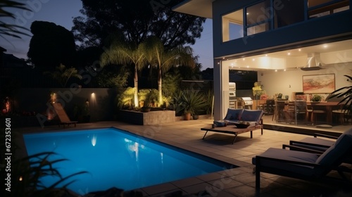 domestic two story home lit up at night viewed from back yard next to pool with day bed or lounge 8k,