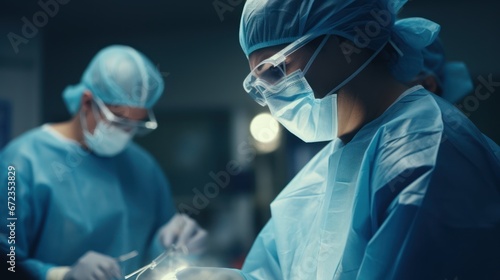 Diverse team of professional medical surgeons perform surgery in the operating room using high-tech equipment. photo