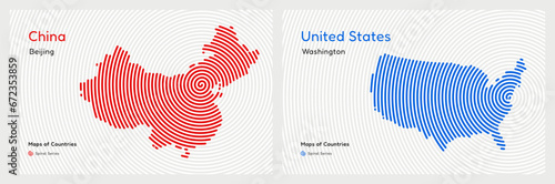 Two maps of China, USA. Political map. Washington DC, Beijing. Capital. World Countries vector maps series. Spiral fingerprint series	
