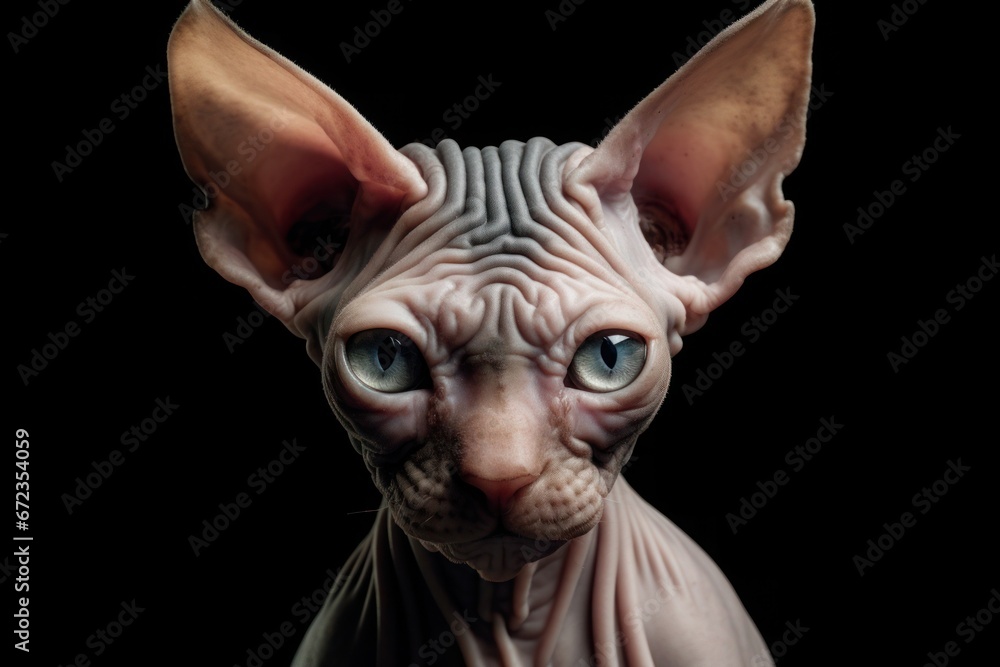 Sphynx cat with striking blue eyes against a dark background.