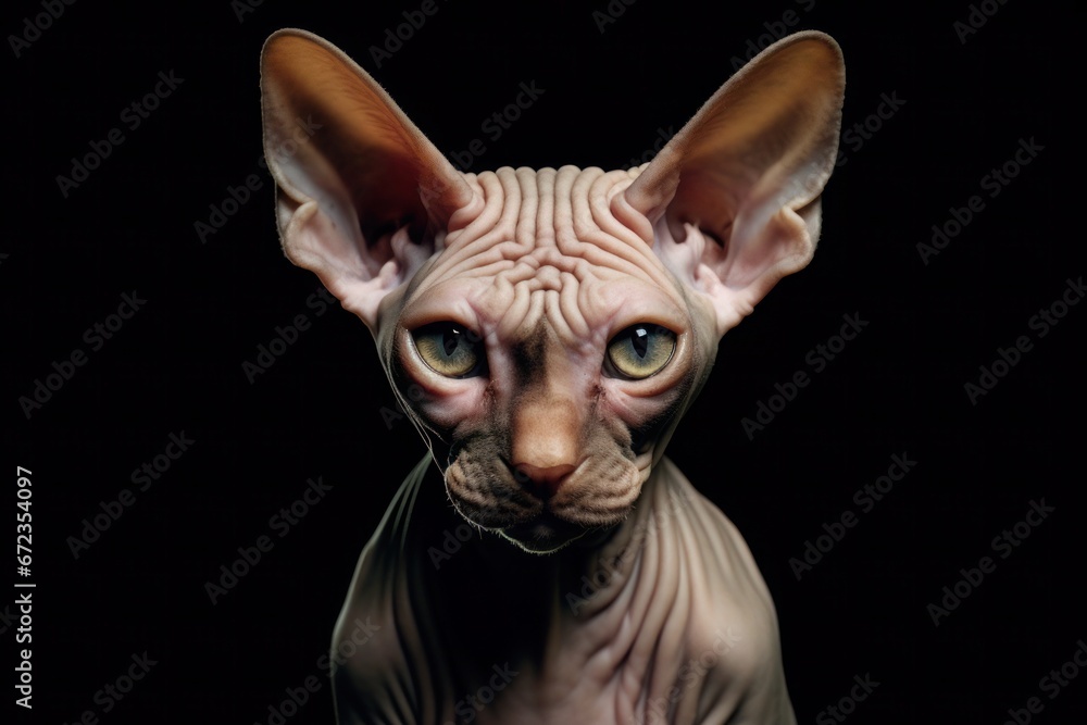 Close-up of a Sphynx kitten with wrinkled skin and an intense gaze