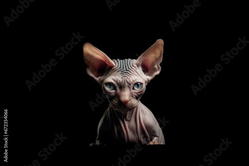 Intense portrait of a Sphynx kitten with detailed skin texture and large ears.