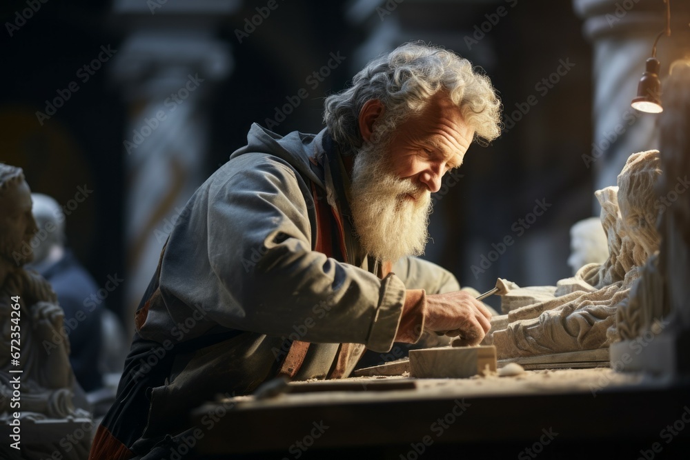 Male professional stone carver. Top professions concept. Portrait with selective focus and copy space
