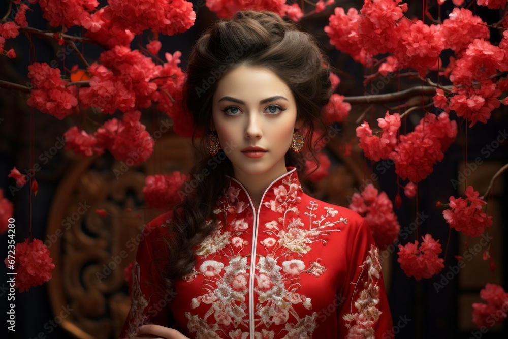 Woman in red Chinese clothes on a blurred background of an authentic Asian interior. Portrait with selective focus