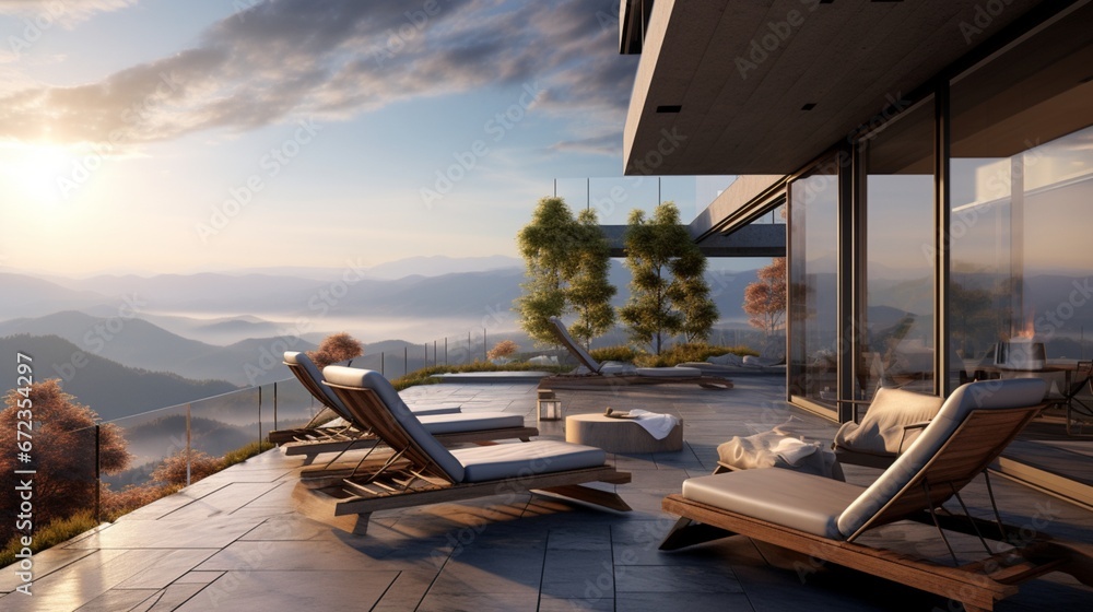Terrace of a modern mountain house, panoramic view 8k,