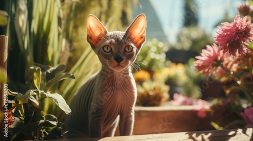 Sphynx cat with wrinkled skin sits alertly next to bright pink flowers