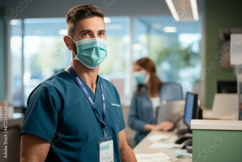 Male employee at the reception in a hospital. Portrait with selective focus and copy space