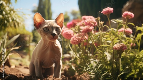 Sphynx kittens in the garden, big eyes curiously look at the blooming pink flowers. © Irina