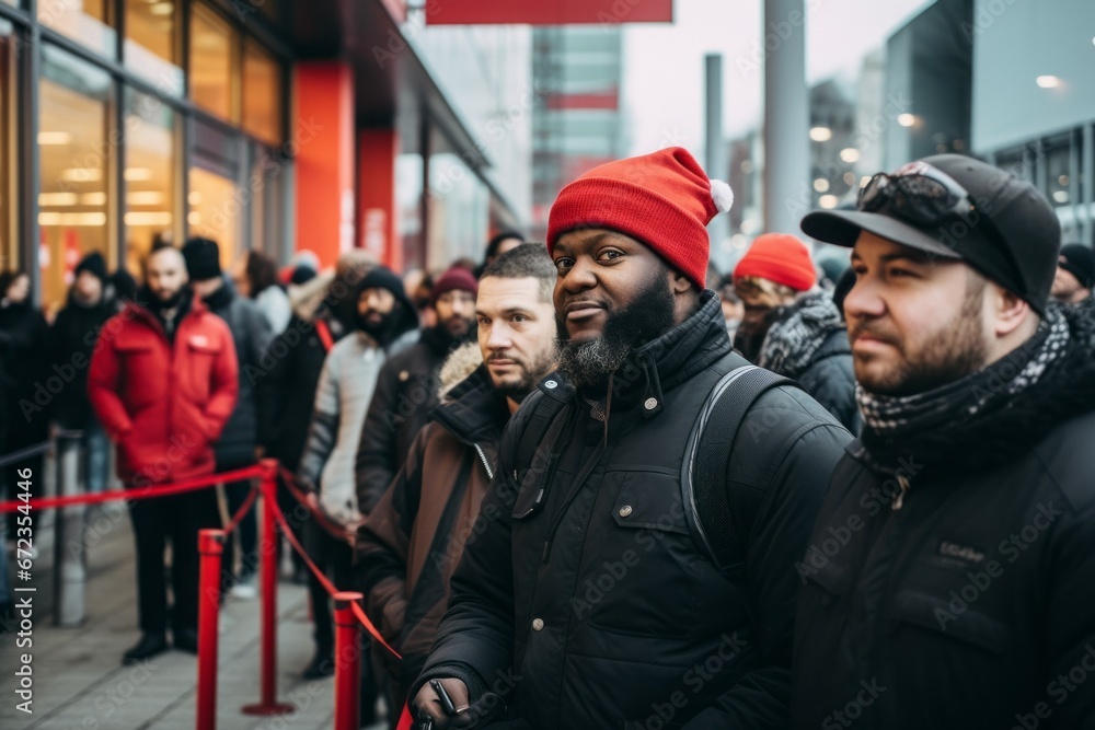 People queue for shopping at the store. Black Friday concept. Portrait with selective focus and copy space People queue for shopping at the store. Black Friday concept. Portrait with selective focus and copy space