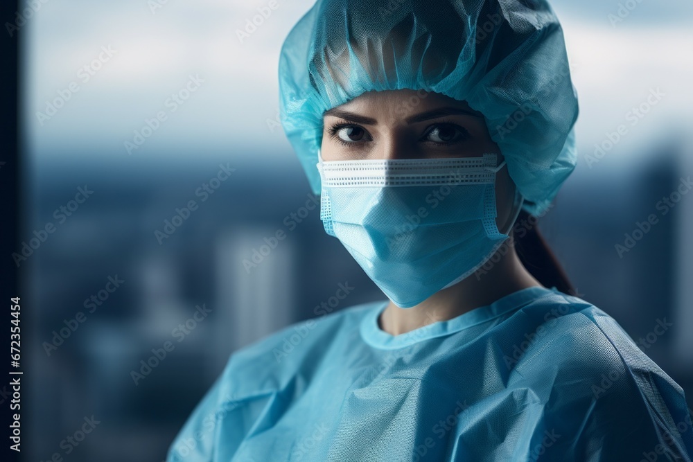 Female surgeon in a medical mask during an operation. Top professions concept. Portrait with selective focus Female surgeon in a medical mask during an operation. Top professions concept. Portrait with selective focus