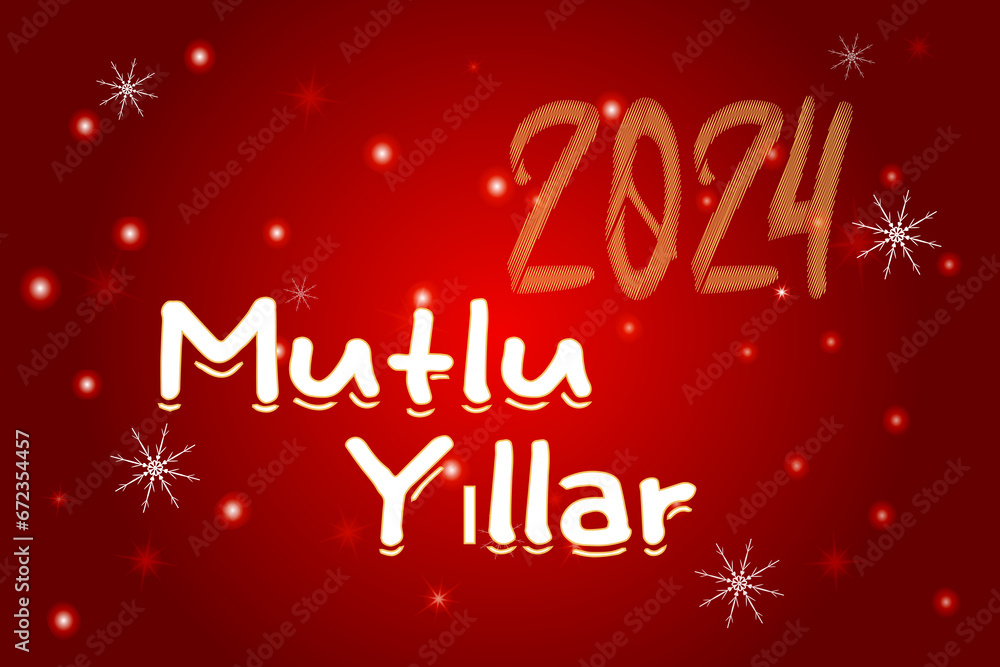 Delight Festive Charm Red background Card Adorned Glistening Snowflakes Text Mutlu Yillar means happy new year turkish Holiday classic design Joy mood December winter Calendar cover Turkey 2024 number
