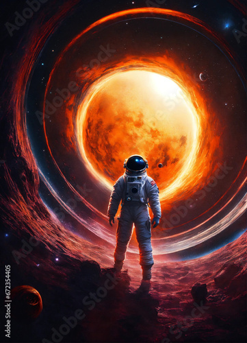 digital art of Black hole containing strange object astronaut