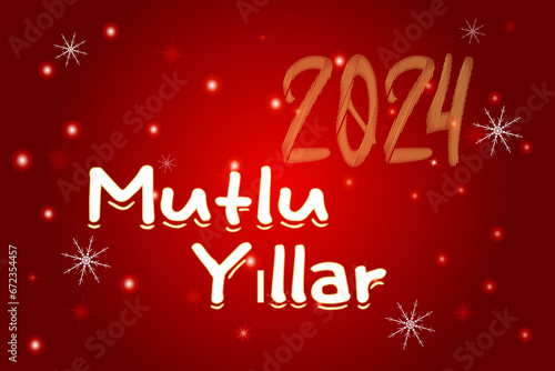 Delight Festive Charm Red background Card Adorned Glistening Snowflakes Text Mutlu Yillar means happy new year turkish Holiday classic design Joy mood December winter Calendar cover Turkey 2024 number