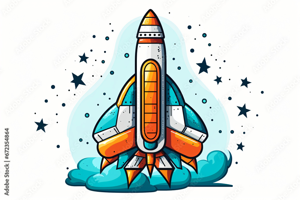 Fototapeta premium Colorful cartoon rocket with clouds and stars
