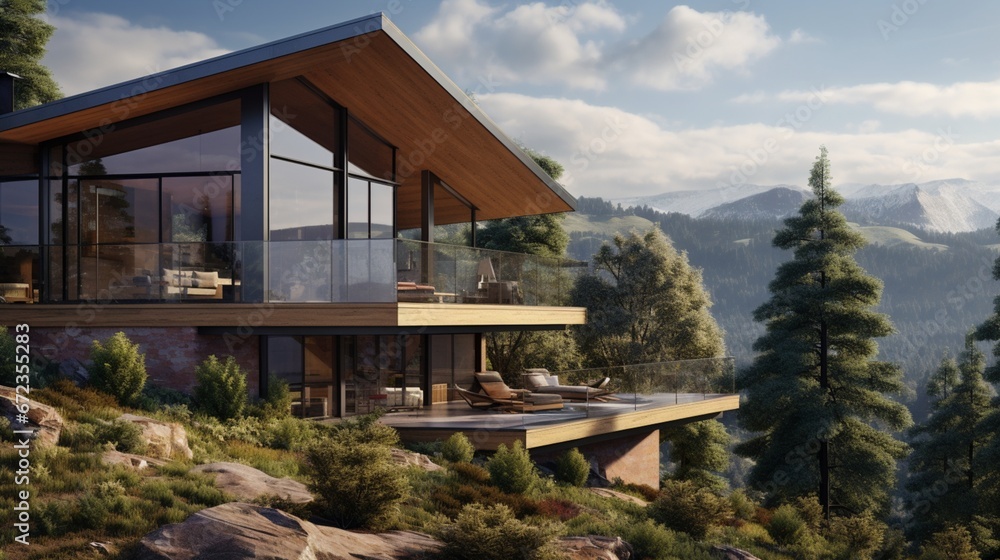 The exterior design of modern eco wooden house on mountain that is full of nature. 